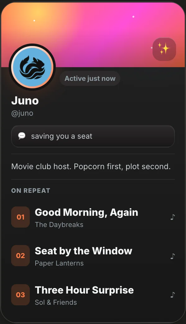 A profile card for Juno with a sunset banner, a short bio and three favorite songs.